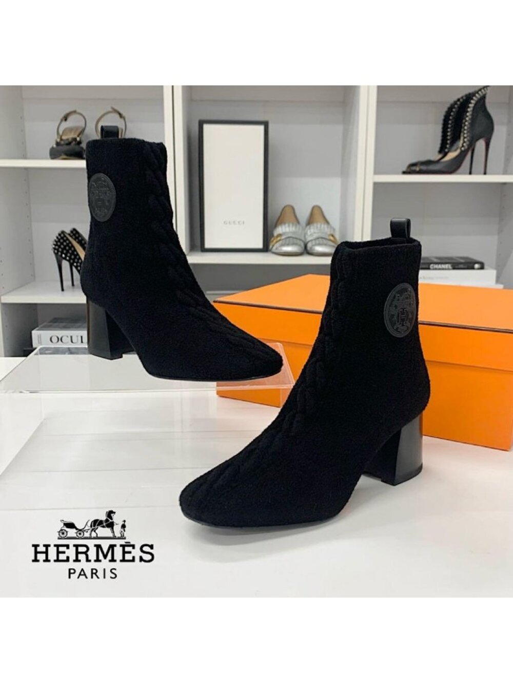 Hermes Jenna 60 Ex-Libris Chenille Leather Short Boots